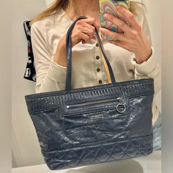 Coach Poppy Quilted Blue Patent Leather Tote Bag - Picture 14 of 14